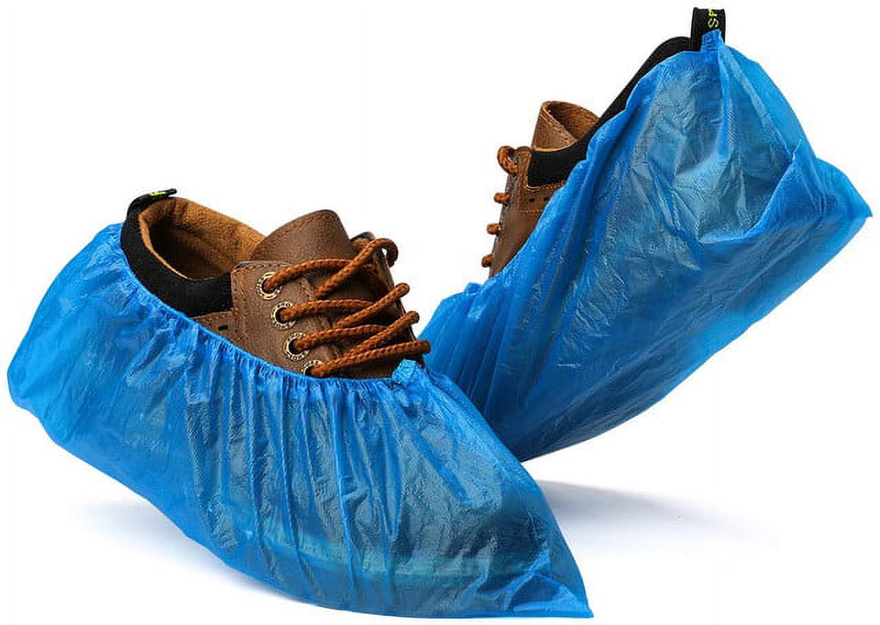 Sugletech Disposable Boot Shoe Covers, Waterproof \u0026 Non-Slip Booties Plastic Blue Shoe Cover Protector Work Safety Protection Unisex, One Size Fits All, 100 Pack